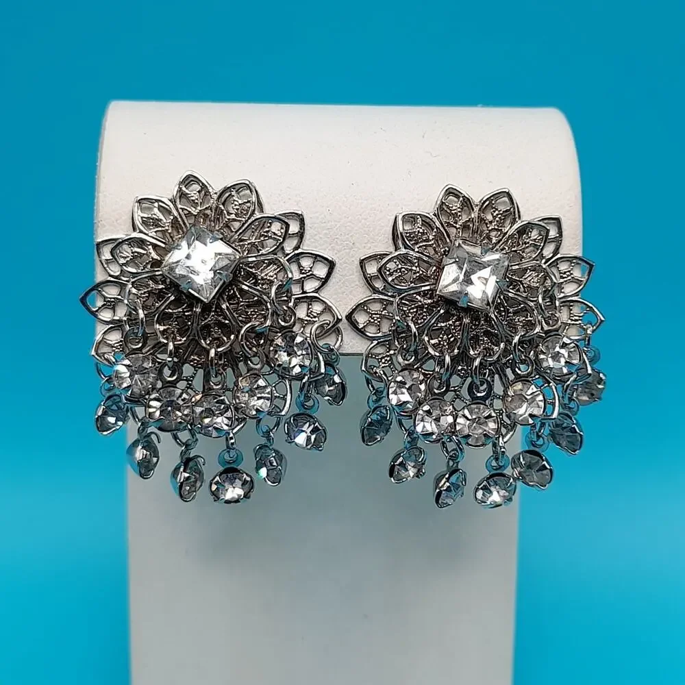 Vintage Waterfall Rhinestone Filigree Clip-On Earrings Tassel Dangle